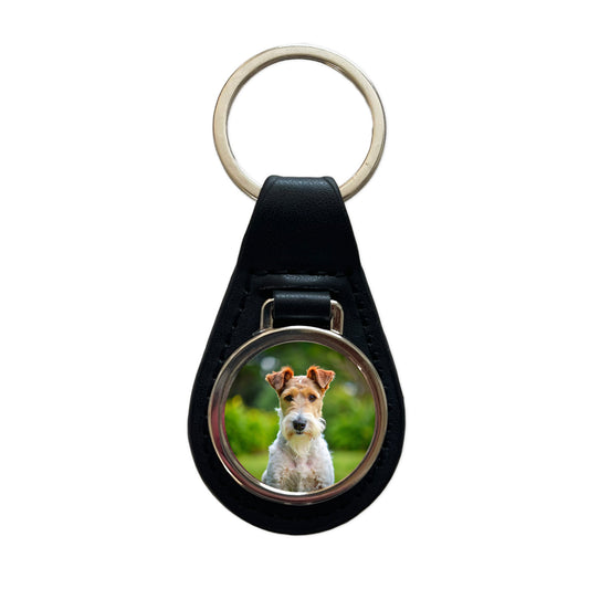 Wire Fox Terrier Dog Photo Black Leather Metal Keychain