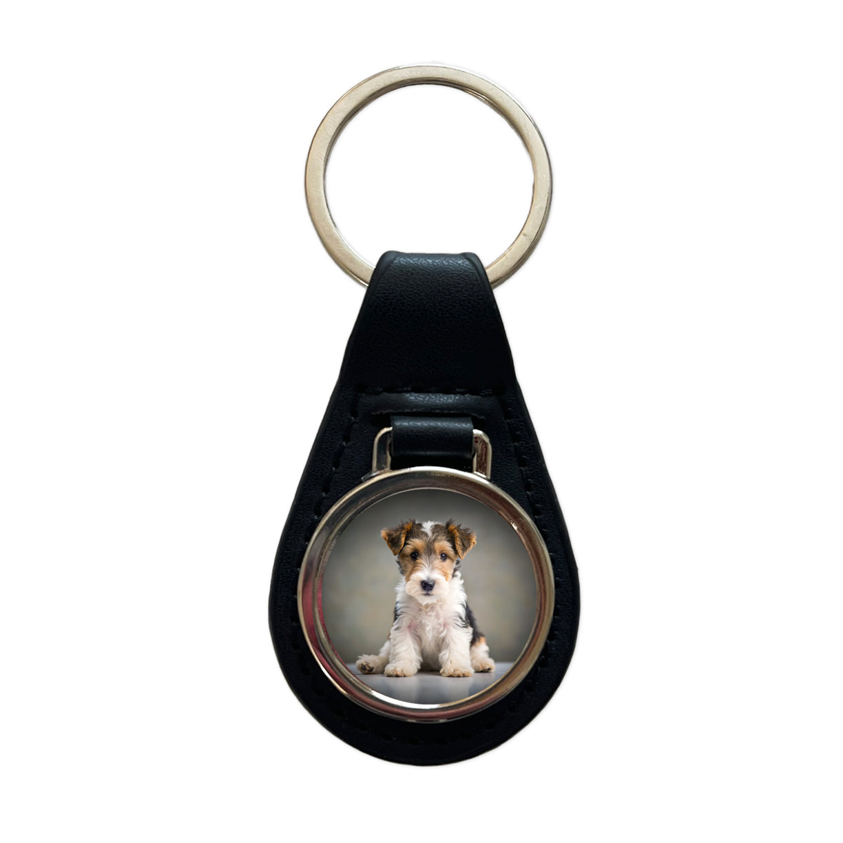 Wire Fox Terrier Dog Puppy Photo Black Leather Metal Keychain