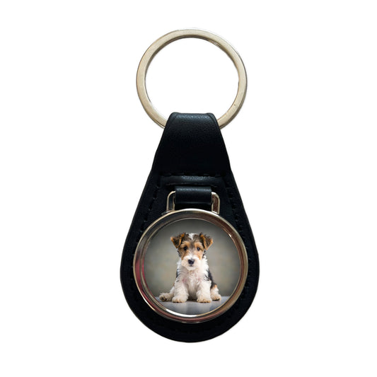 Wire Fox Terrier Dog Puppy Photo Black Leather Metal Keychain