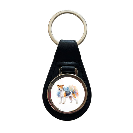 Wire Fox Terrier Dog Watercolor Style Black Leather Metal Keychain