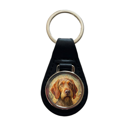 Wirehaired Vizsla Dog Art Nouveau Black Leather Metal Keychain