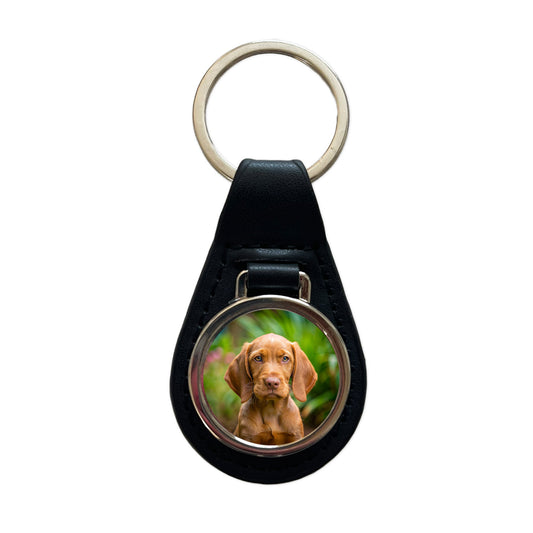 Wirehaired Vizsla Dog Puppy Photo Black Leather Metal Keychain