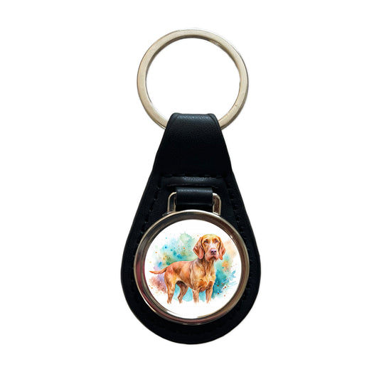 Wirehaired Vizsla Dog Watercolor Style Black Leather Metal Keychain