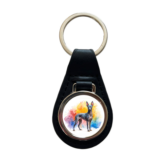 Xoloitzcuintli Xolo Mexican Hairless Dog Watercolor Style Black Leather Metal Keychain