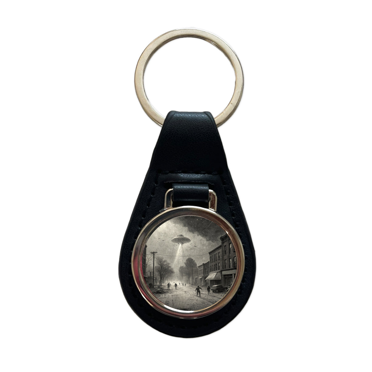 Alien Invasion Found Footage Black and White Black Leather Metal Keychain
