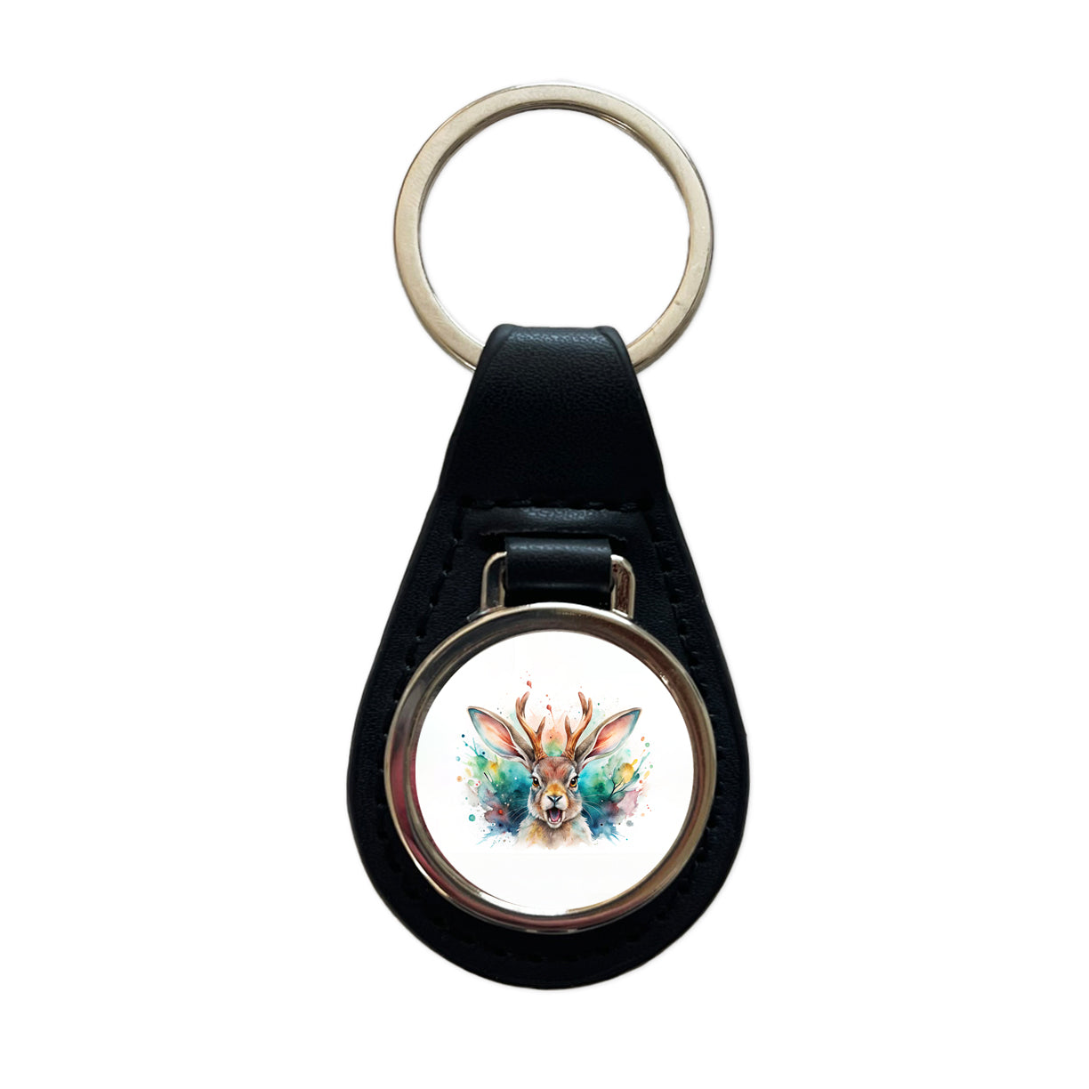 Angry Jackalope Watercolor Black Leather Metal Keychain