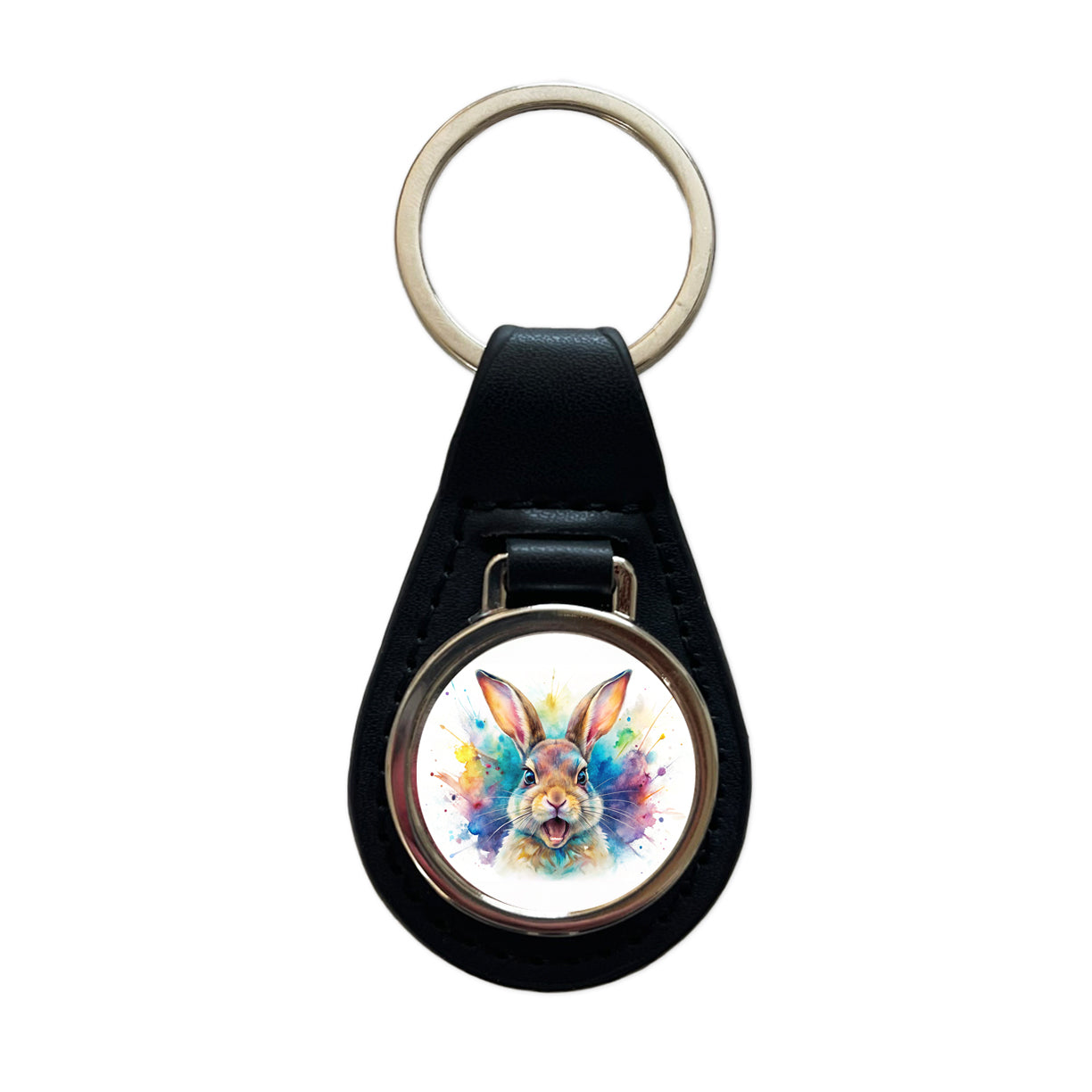 Angry Rabbit Bunny Watercolor Black Leather Metal Keychain