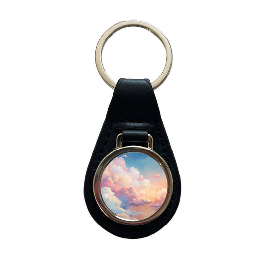 Cloudy Sky Pastel Colors Black Leather Metal Keychain