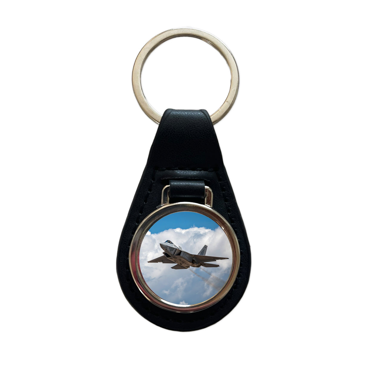 F-22 Raptor In Flight US Air Force Fighter Plane Black Leather Metal Keychain