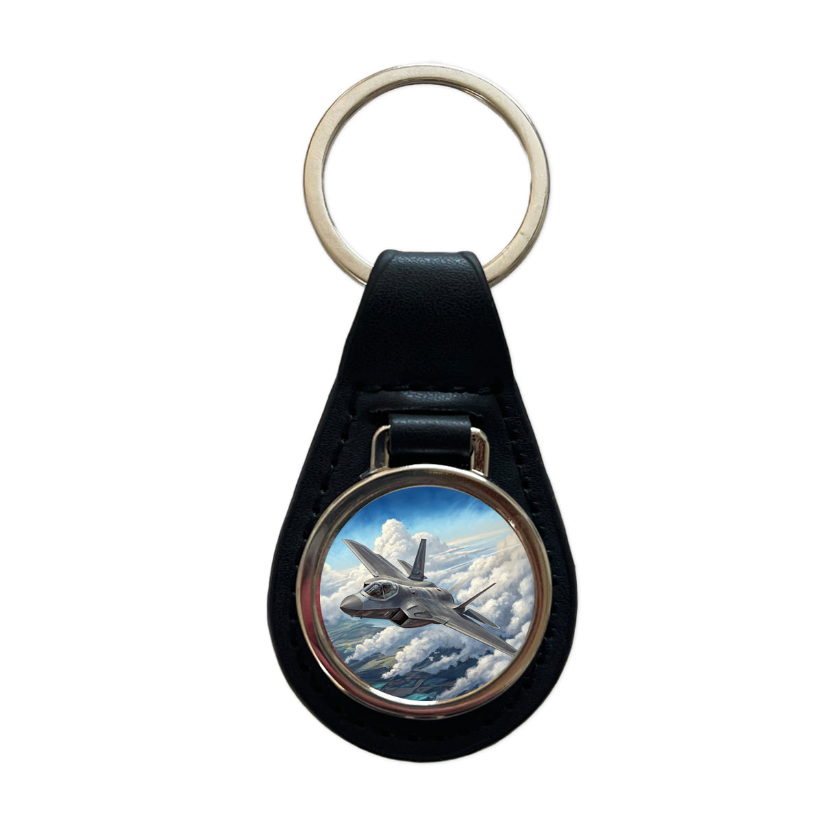 F-35 Lightning II Plane in Flight US Air Force Navy Marines Black Leather Metal Keychain