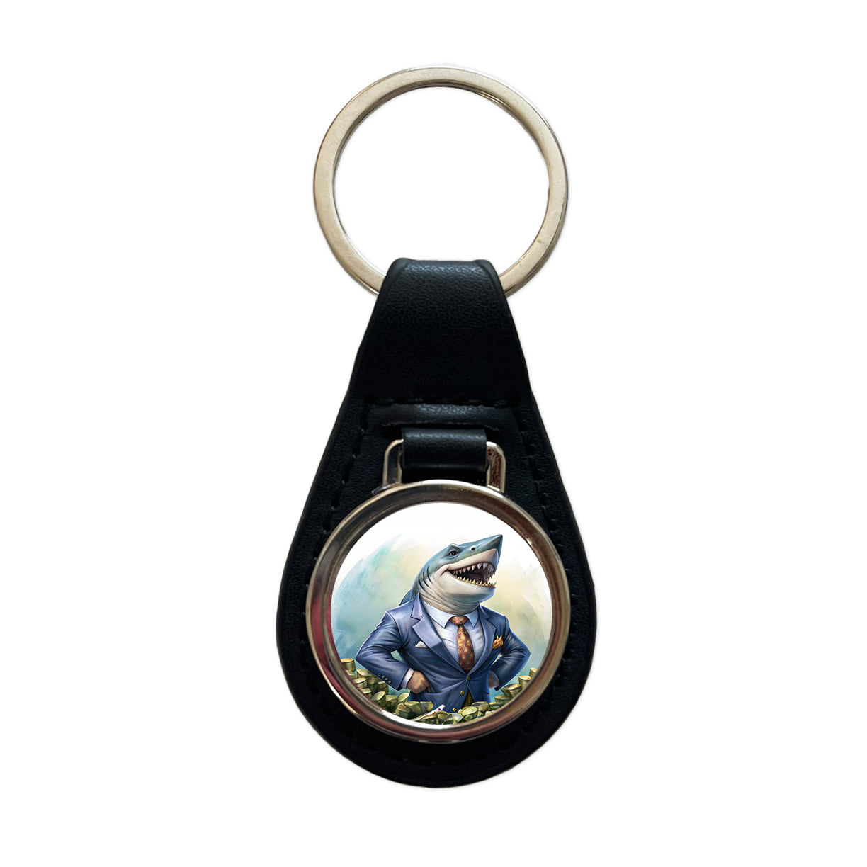 Funny Business Loan Shark Wearing A Suit With Money Black Leather Metal Keychain