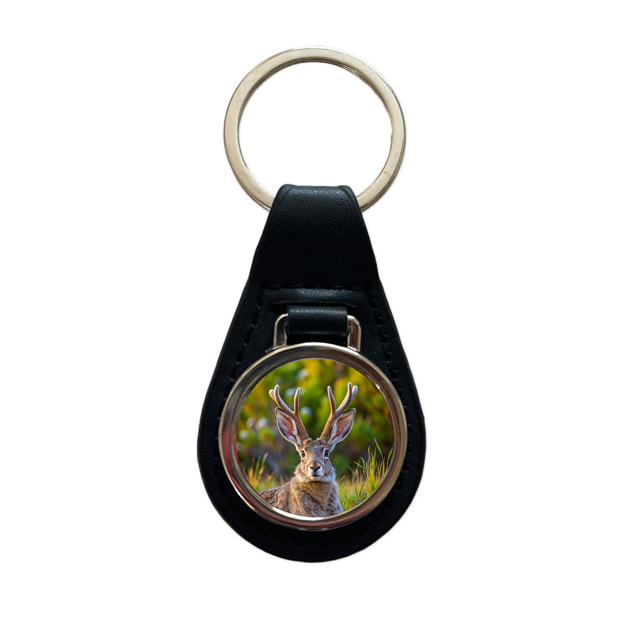 Jackalope In The Wild Black Leather Metal Keychain