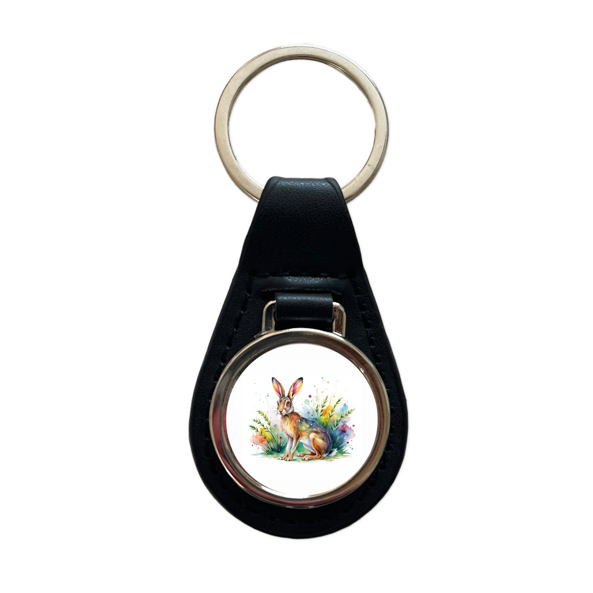 Jackrabbit Watercolor Black Leather Metal Keychain