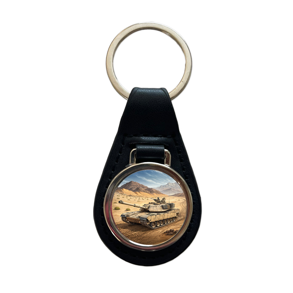 M1 Abrams Tank in the Desert Black Leather Metal Keychain