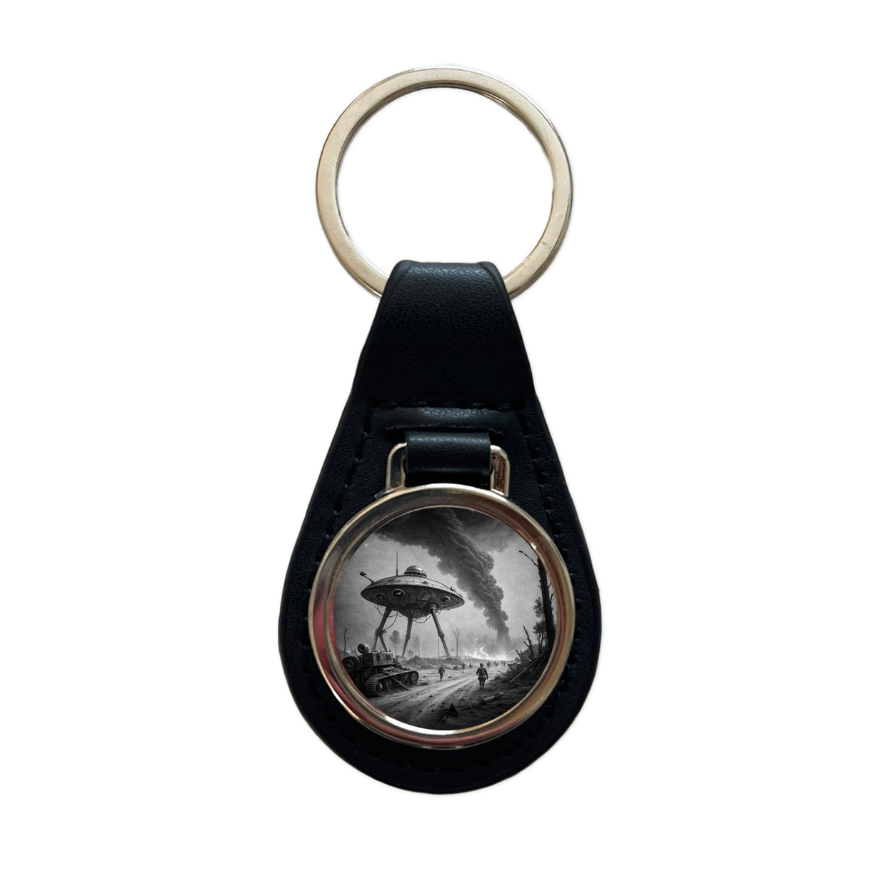 Martian Alien Invasion Tripod War Machine Retro Black and White Black Leather Metal Keychain