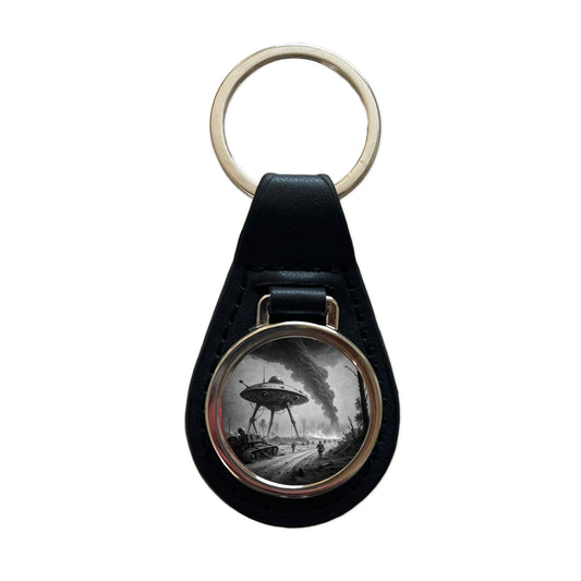 Martian Alien Invasion Tripod War Machine Retro Black and White Black Leather Metal Keychain