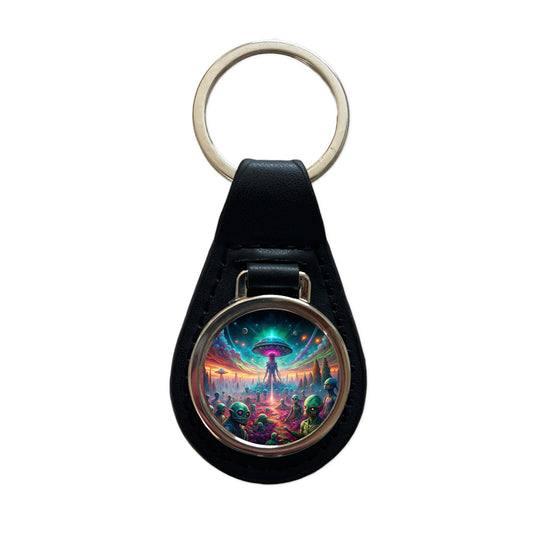 Psychedelic Alien Invasion Vibrant Colors Black Leather Metal Keychain