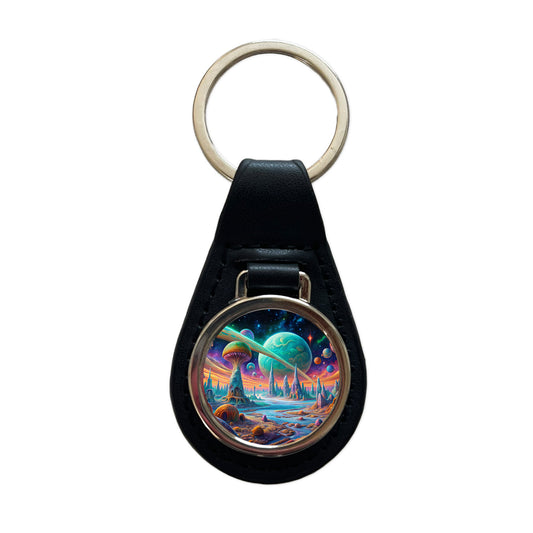 Psychedelic Alien Planet Vibrant Colors Black Leather Metal Keychain