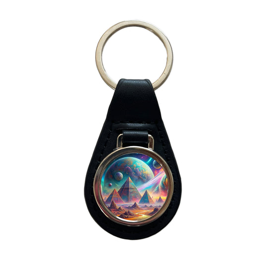 Psychedelic Alien Planet With Pyramids Vibrant Colors Black Leather Metal Keychain