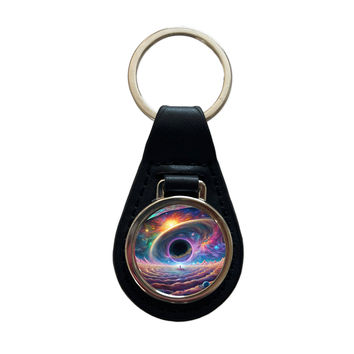 Psychedelic Black Hole Galaxy Space Vibrant Colors Black Leather Metal Keychain