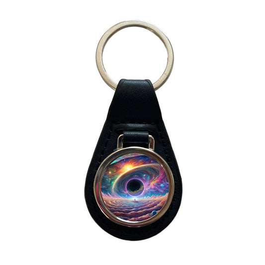 Psychedelic Black Hole Galaxy Space Vibrant Colors Black Leather Metal Keychain
