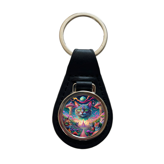 Psychedelic Cats Vibrant Colors Black Leather Metal Keychain