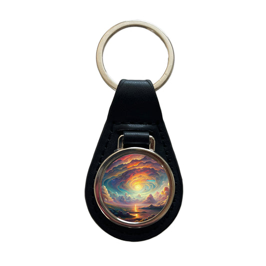 Psychedelic Cloudy Sky Pastel Colors Black Leather Metal Keychain