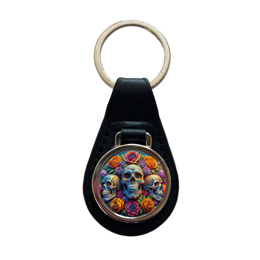 Psychedelic Colorful Skulls And Roses Black Leather Metal Keychain