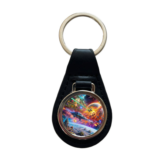 Psychedelic Colorful Space Sci-fi Starship Battle Black Leather Metal Keychain