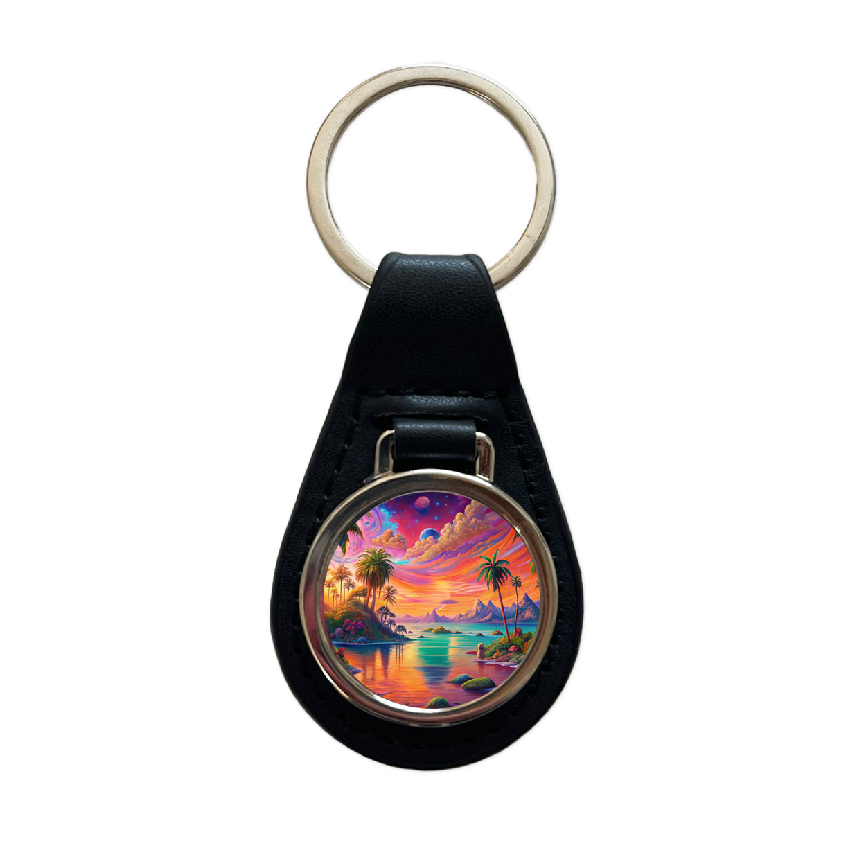 Psychedelic Colorful Tropical Beach Scene Black Leather Metal Keychain