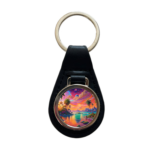 Psychedelic Colorful Tropical Beach Scene Black Leather Metal Keychain