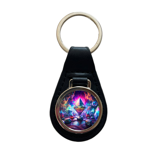 Psychedelic Crystals and Prisms Vibrant Colors Black Leather Metal Keychain