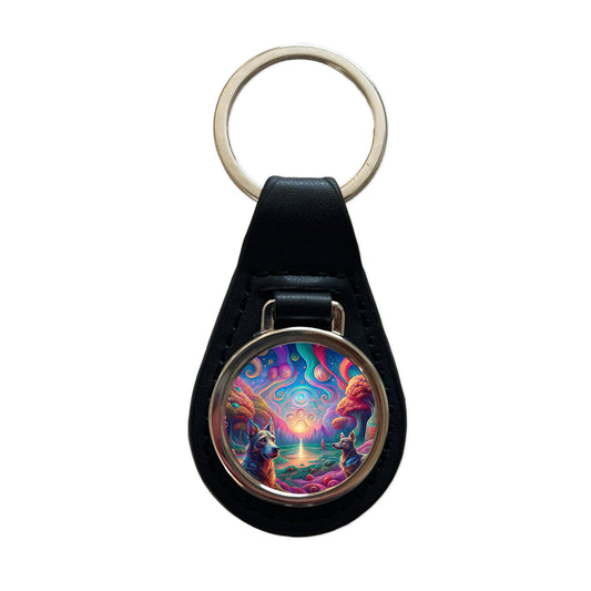 Psychedelic Dogs Vibrant Colors Black Leather Metal Keychain