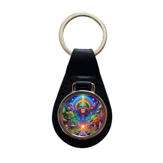 Psychedelic Fantasy Crazy Colorful Scene Black Leather Metal Keychain