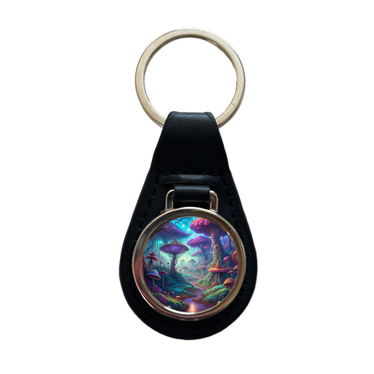 Psychedelic Fantasy Forest Vibrant Colors Black Leather Metal Keychain