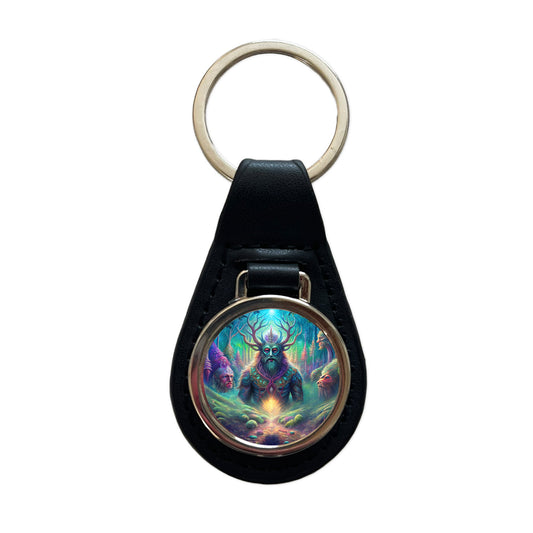 Psychedelic Forest Spirits Vibrant Colors Black Leather Metal Keychain