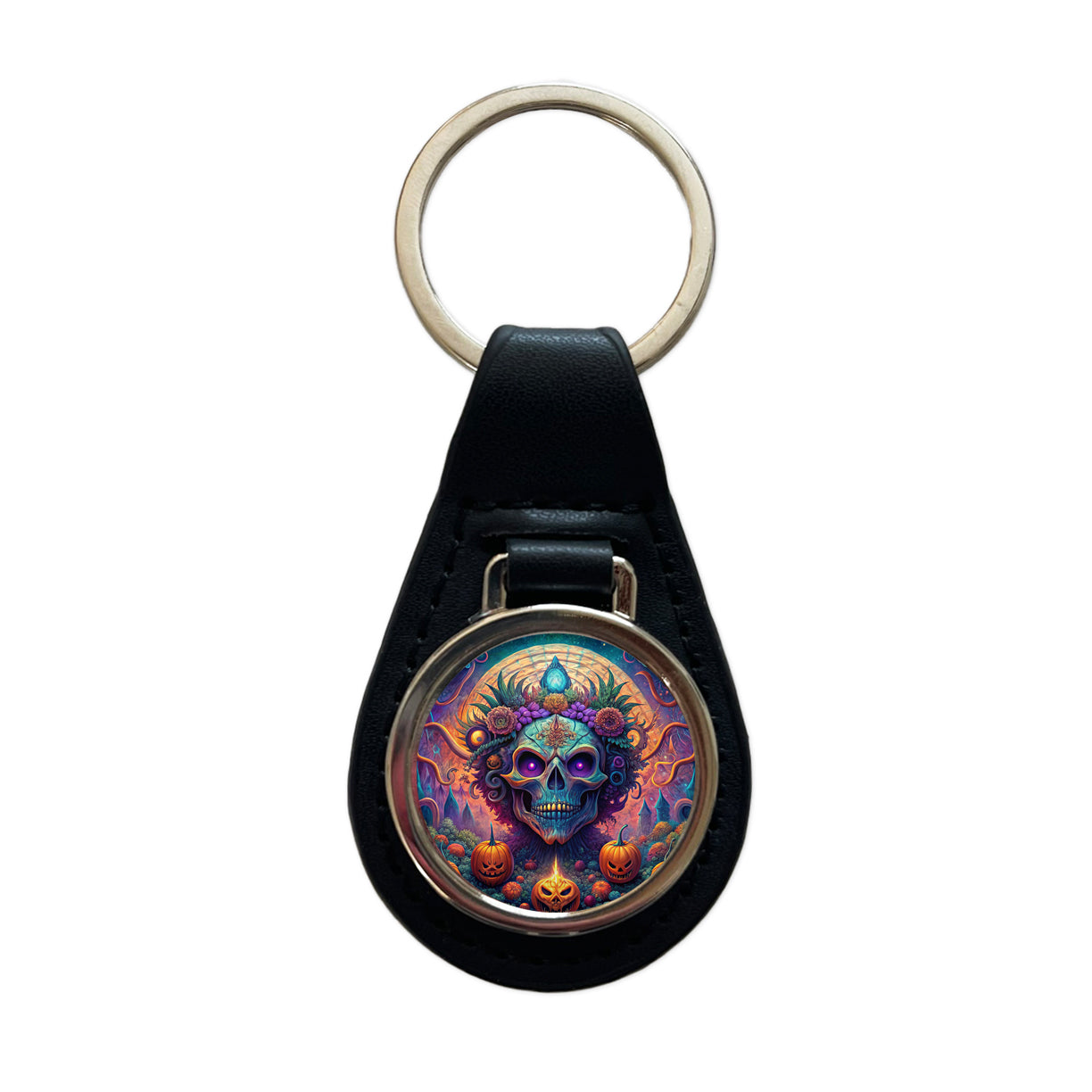 Psychedelic Halloween Skulls Pumpkins Vibrant Colors Black Leather Metal Keychain