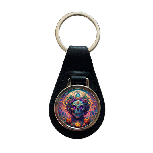 Psychedelic Halloween Skulls Pumpkins Vibrant Colors Black Leather Metal Keychain