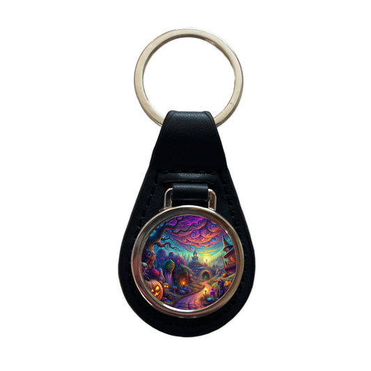 Psychedelic Halloween Town Scene Vibrant Colors Black Leather Metal Keychain