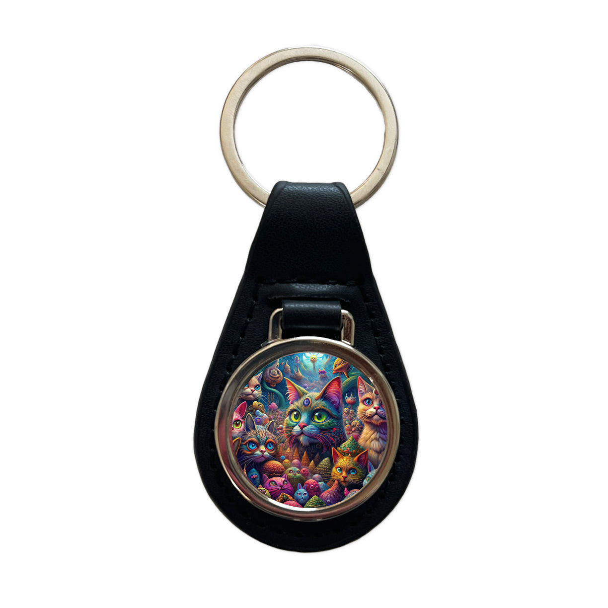 Psychedelic Lots of Cats Vibrant Colors Black Leather Metal Keychain