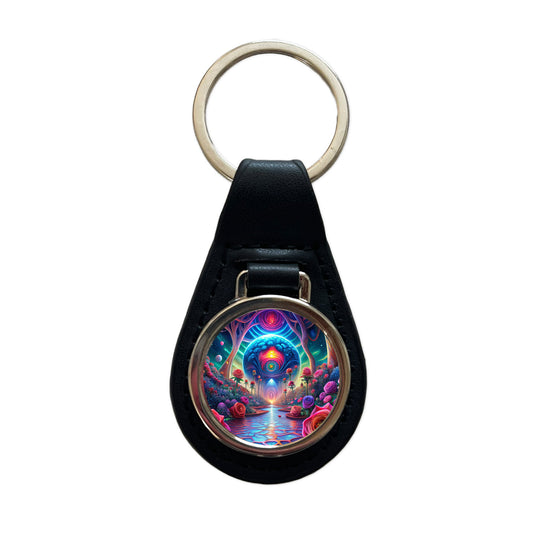 Psychedelic Lots of Colorful Roses Design Black Leather Metal Keychain