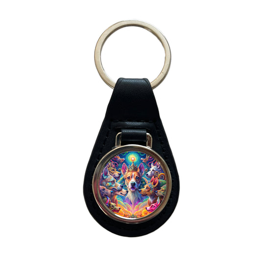 Psychedelic Lots of Dogs Vibrant Colors Black Leather Metal Keychain