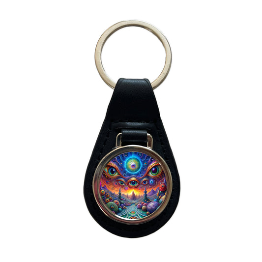 Psychedelic Lots of Eyes Vibrant Colors Black Leather Metal Keychain