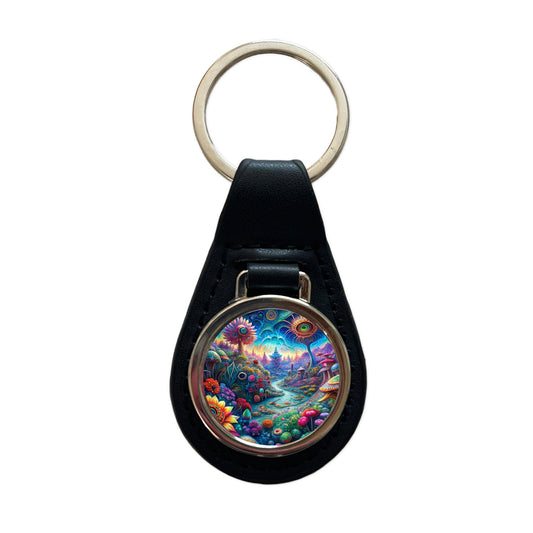 Psychedelic Lots of Flowers Vibrant Colors Black Leather Metal Keychain