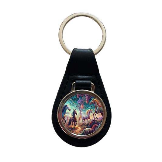 Psychedelic Lots of Horses Vibrant Colors Black Leather Metal Keychain
