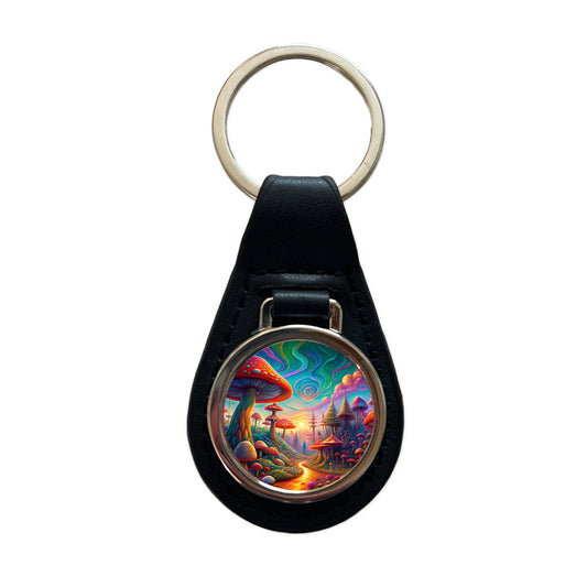 Psychedelic Lots of Mushrooms Vibrant Colors Black Leather Metal Keychain