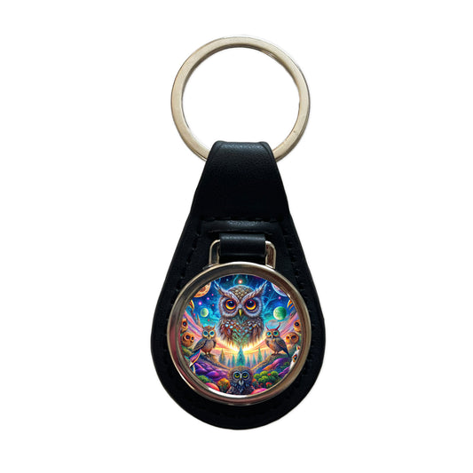 Psychedelic Lots of Owls Vibrant Colors Black Leather Metal Keychain