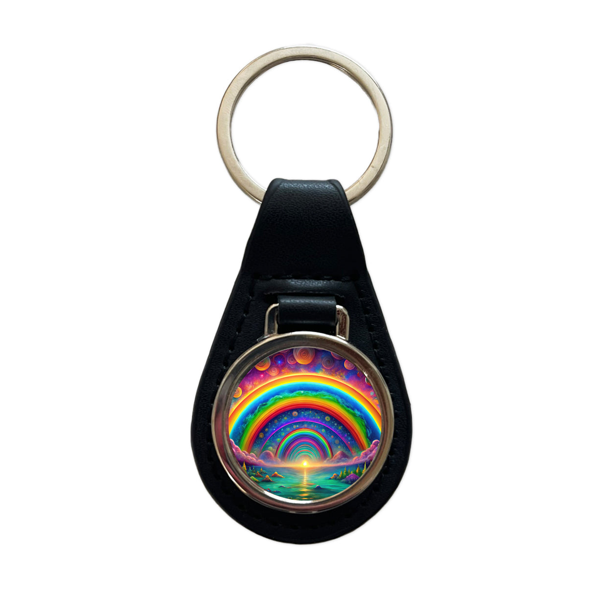 Psychedelic Lots of Rainbows Colors Black Leather Metal Keychain
