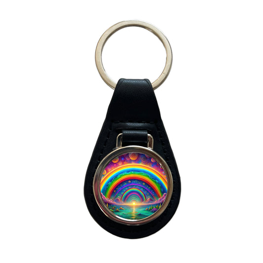 Psychedelic Lots of Rainbows Colors Black Leather Metal Keychain