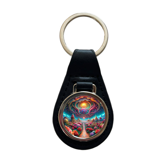 Psychedelic Lots of Roses Vibrant Colors Black Leather Metal Keychain